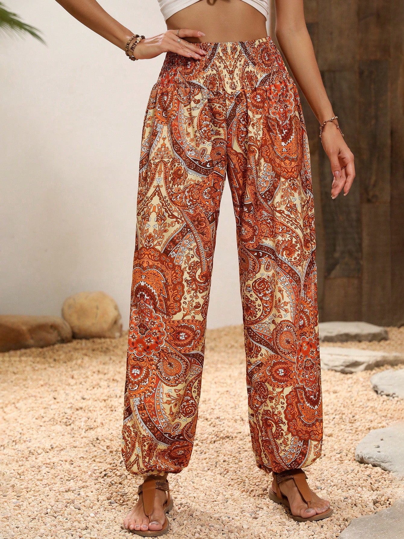 Paisley Print Shirred Waist Pants