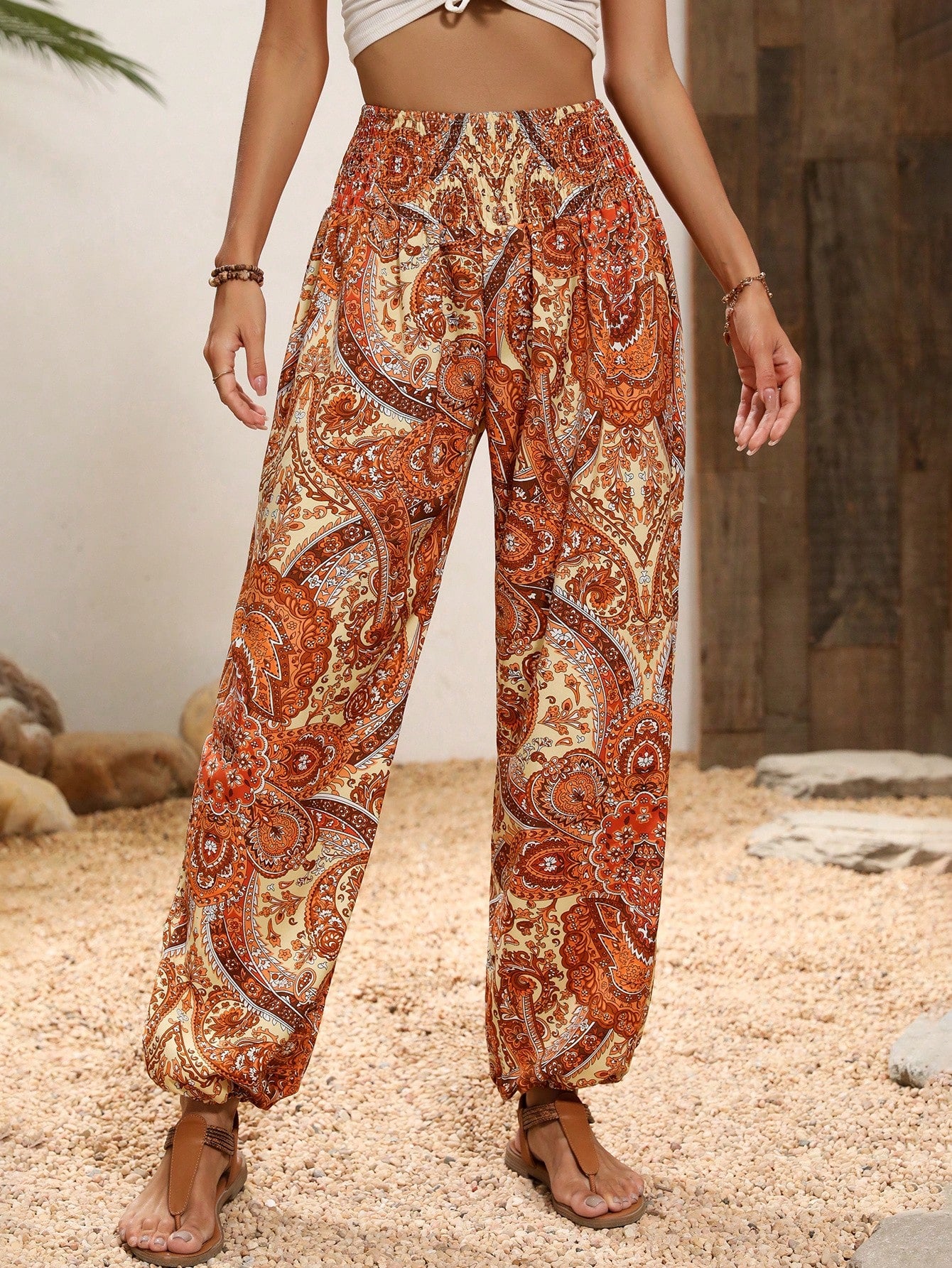 Paisley Print Shirred Waist Pants