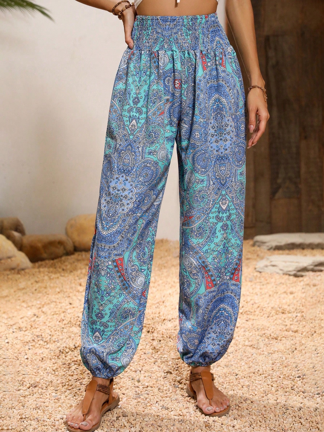 Paisley Print Shirred Waist Pants