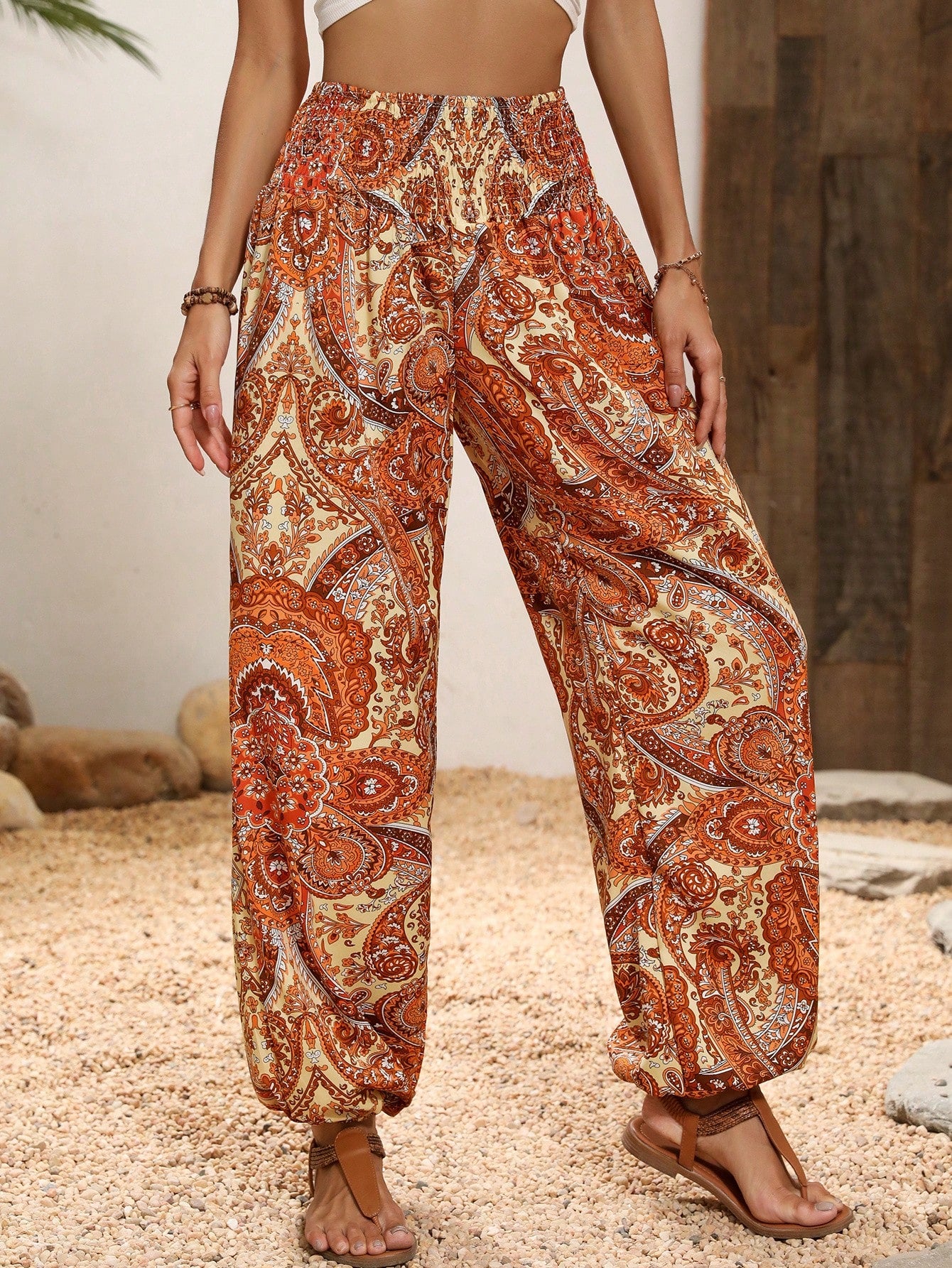 Paisley Print Shirred Waist Pants