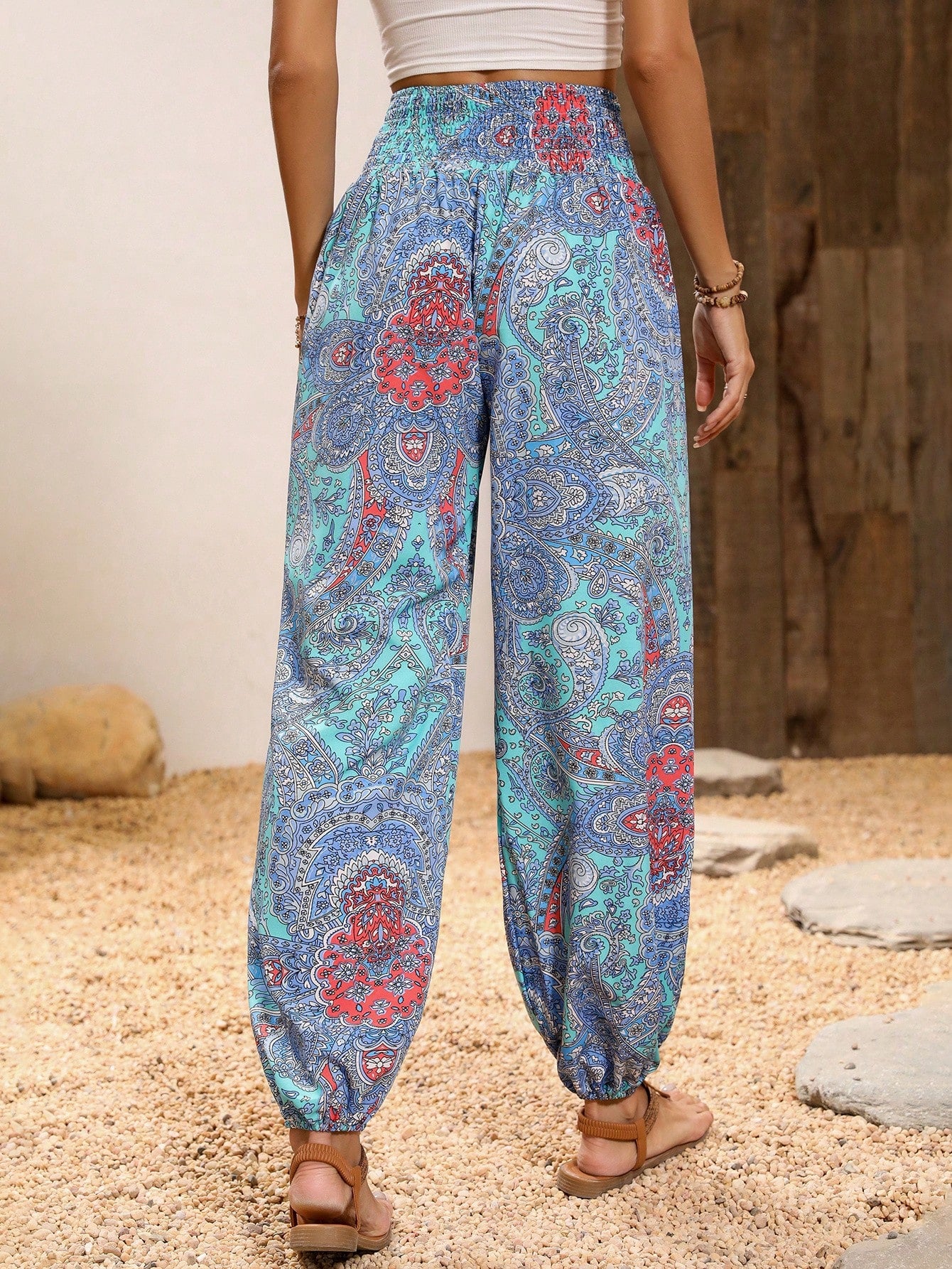 Paisley Print Shirred Waist Pants