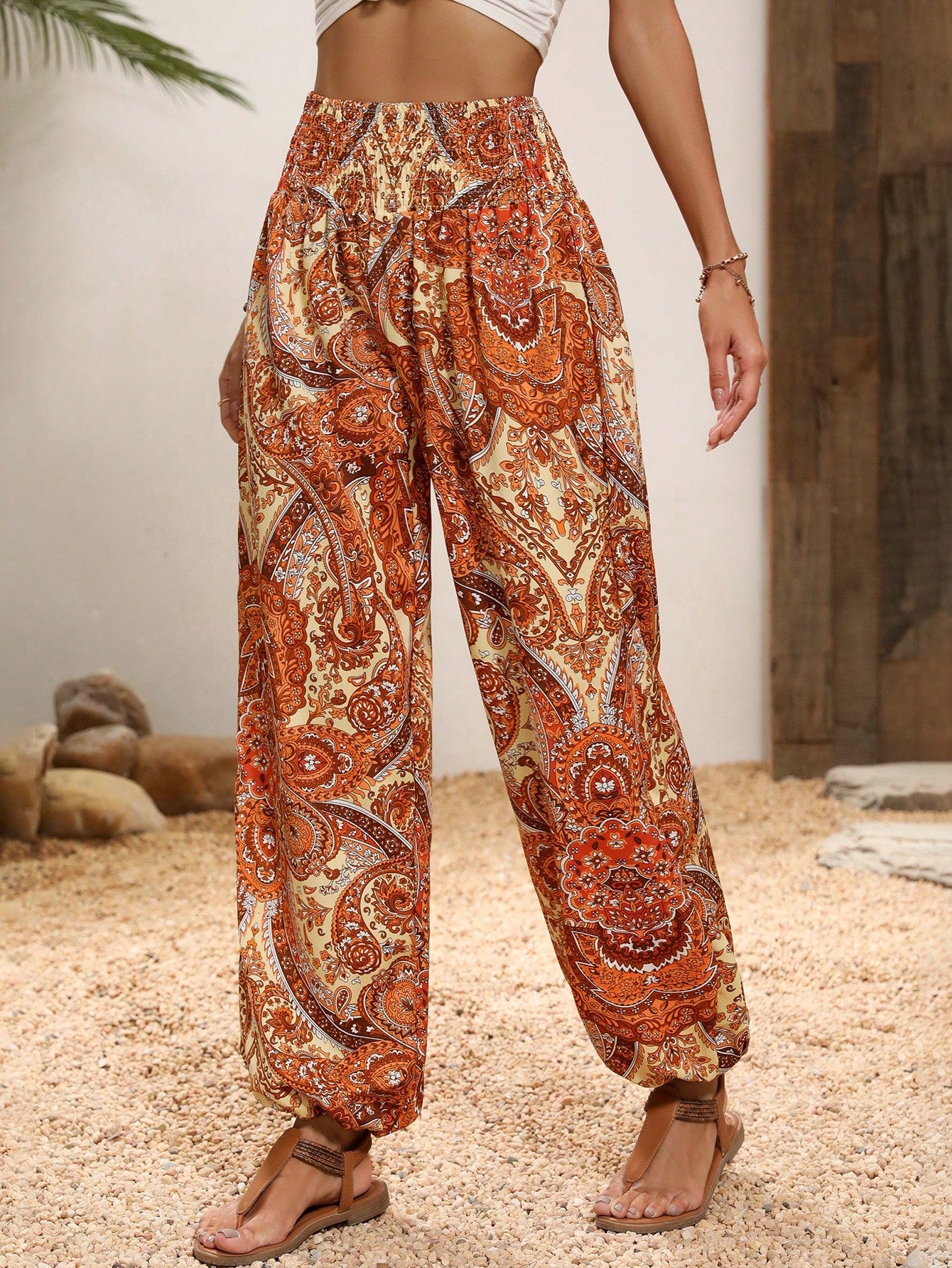 Paisley Print Shirred Waist Pants