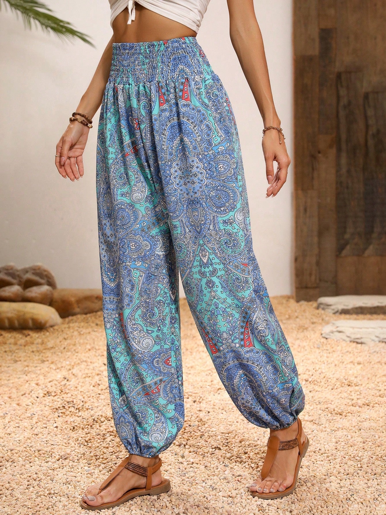 Paisley Print Shirred Waist Pants