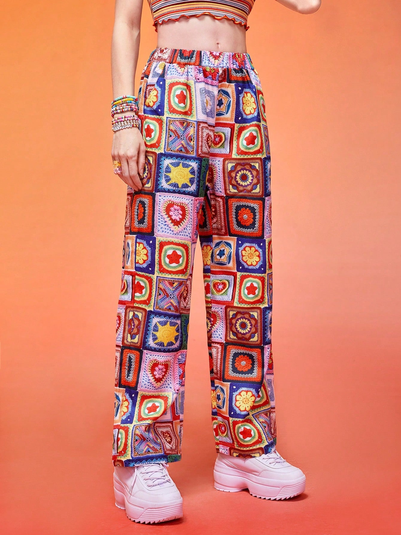 ROMWE Kawaii Patchwork Wide Leg Pants