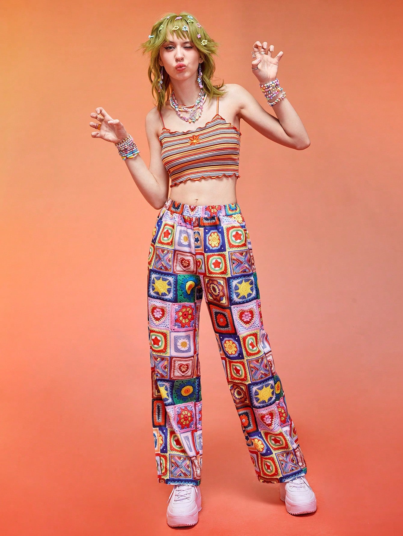 ROMWE Kawaii Patchwork Wide Leg Pants