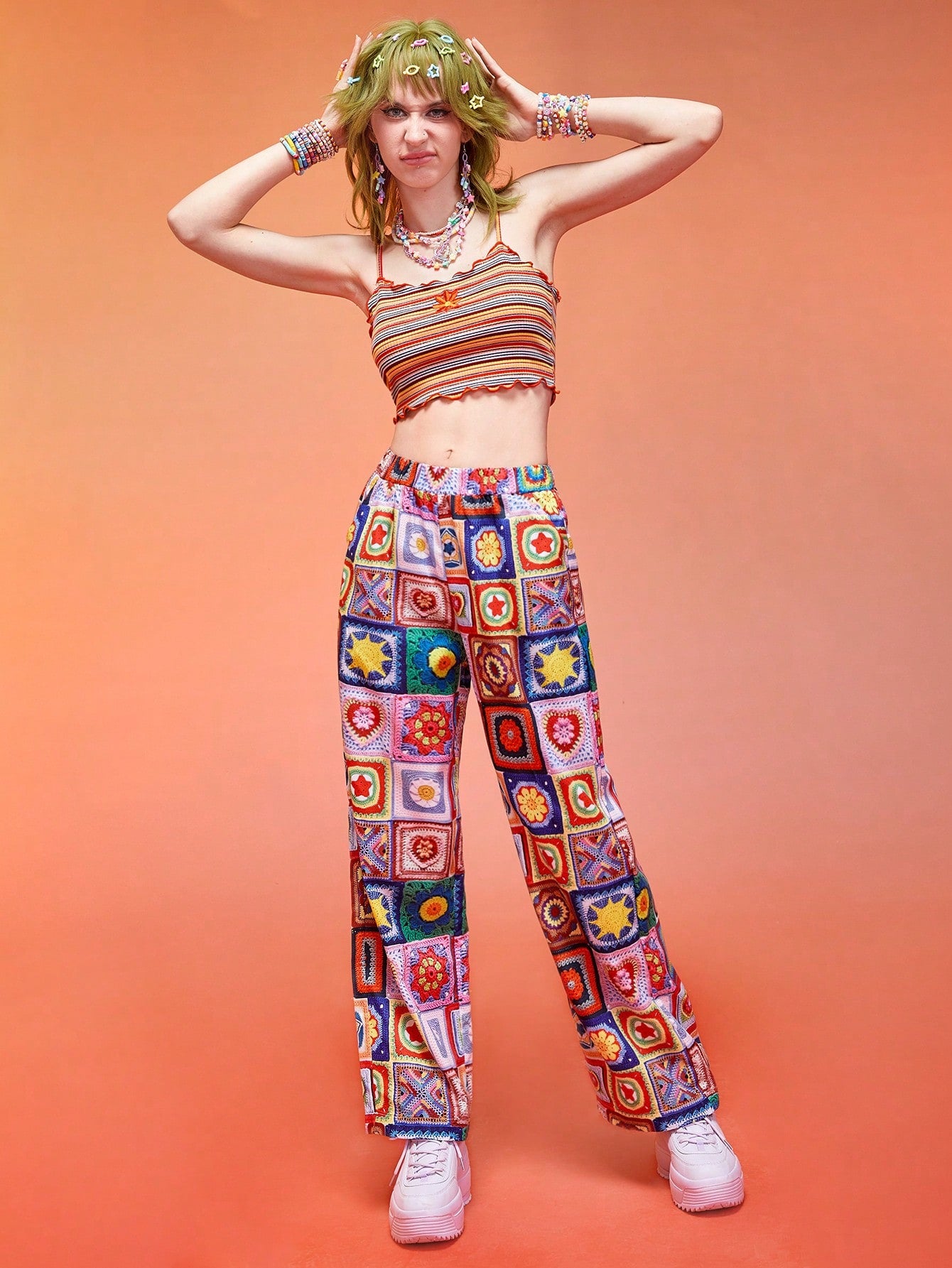 ROMWE Kawaii Patchwork Wide Leg Pants