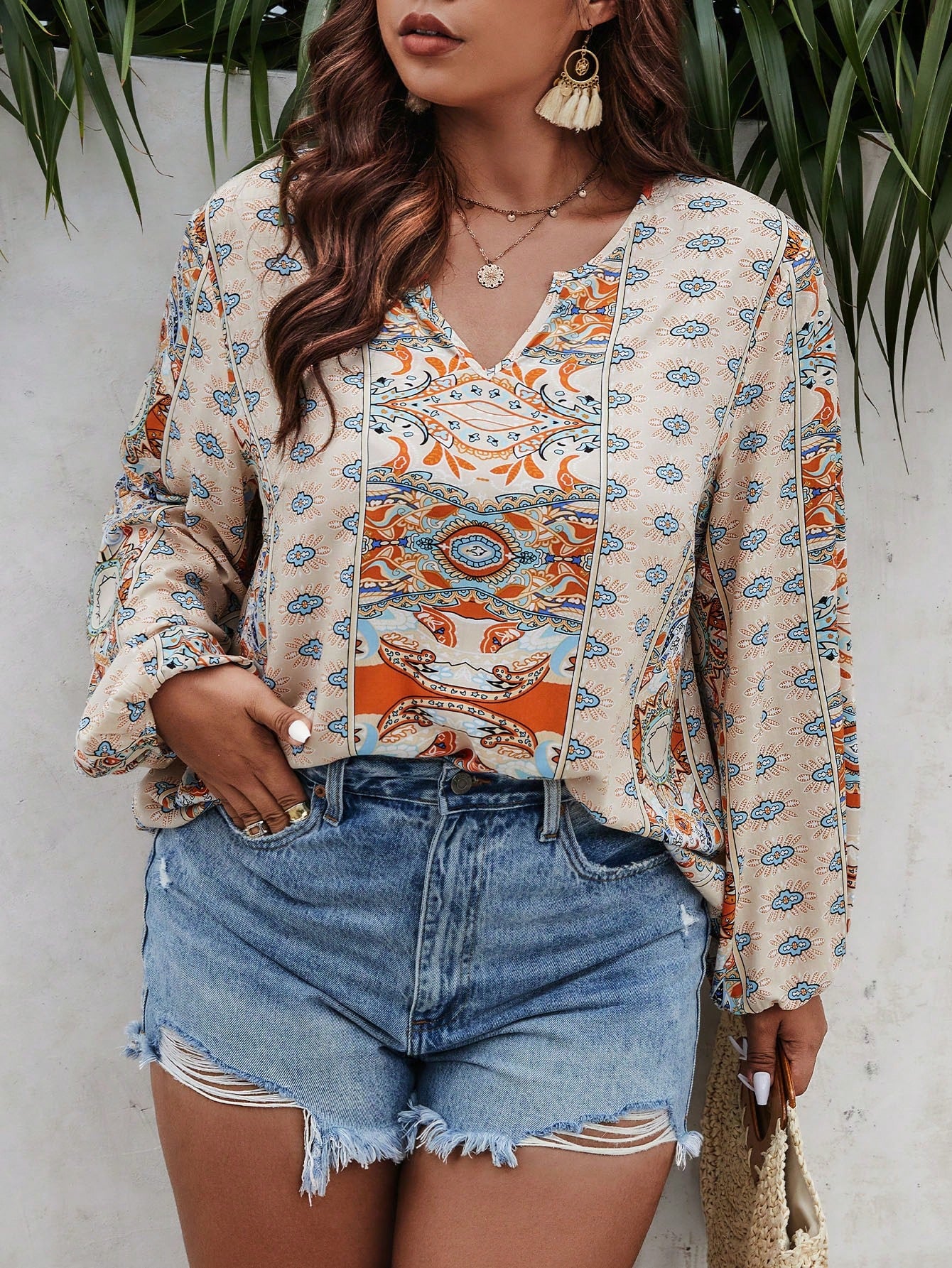 Plus Allover Print Lantern Sleeve Blouse