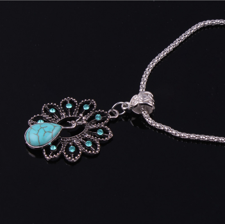 Bohemian retro ethnic style turquoise peacock necklace