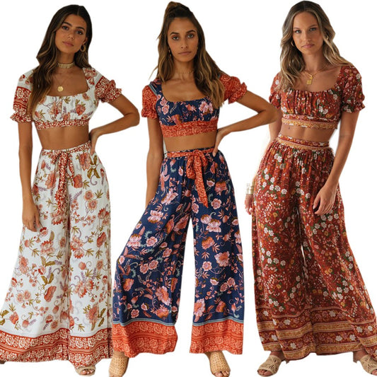 Women's Bohemian Holiday Print Suit Short Top+High Waist Trousers