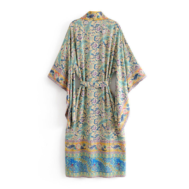 Women's New Bohemian Positioned Print Lace-Up Robe Jacket