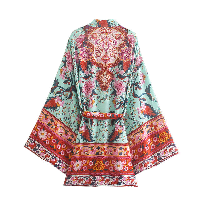 Cotton Print Cardigan Bohemian Short Belt Totem Kimono For Women