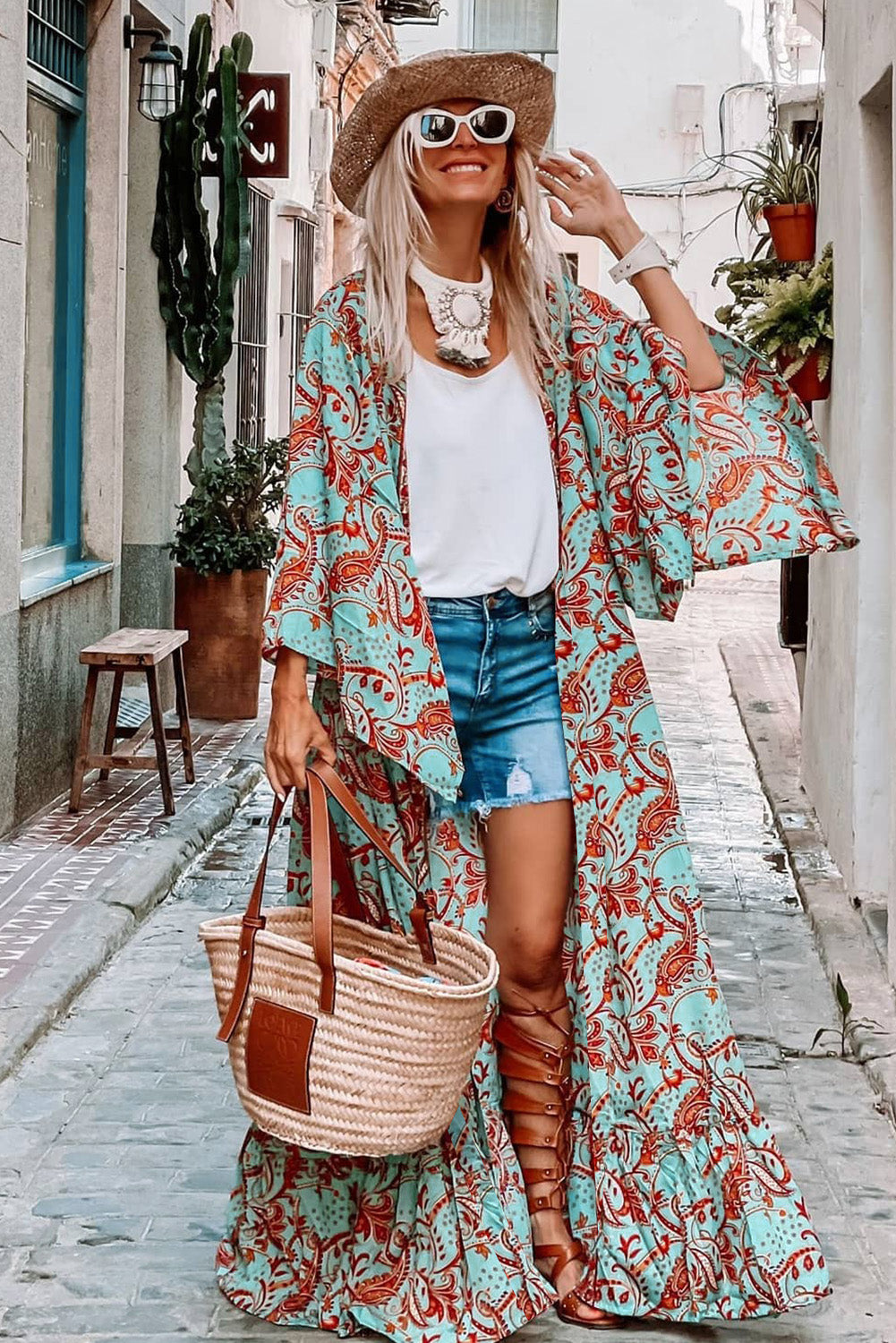 Sky Blue Boho Retro Floral Print Long Sleeve Oversized Kimono