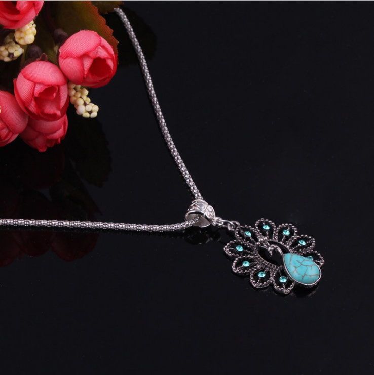 Bohemian retro ethnic style turquoise peacock necklace