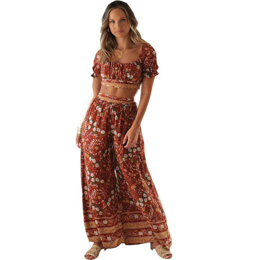 Women's Bohemian Holiday Print Suit Short Top+High Waist Trousers