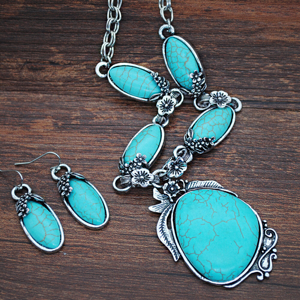 Vintage Turquoise Water Drop Pendant Earrings Ethnic Turquoise Necklace Earring Ring Bracelet Set - #01