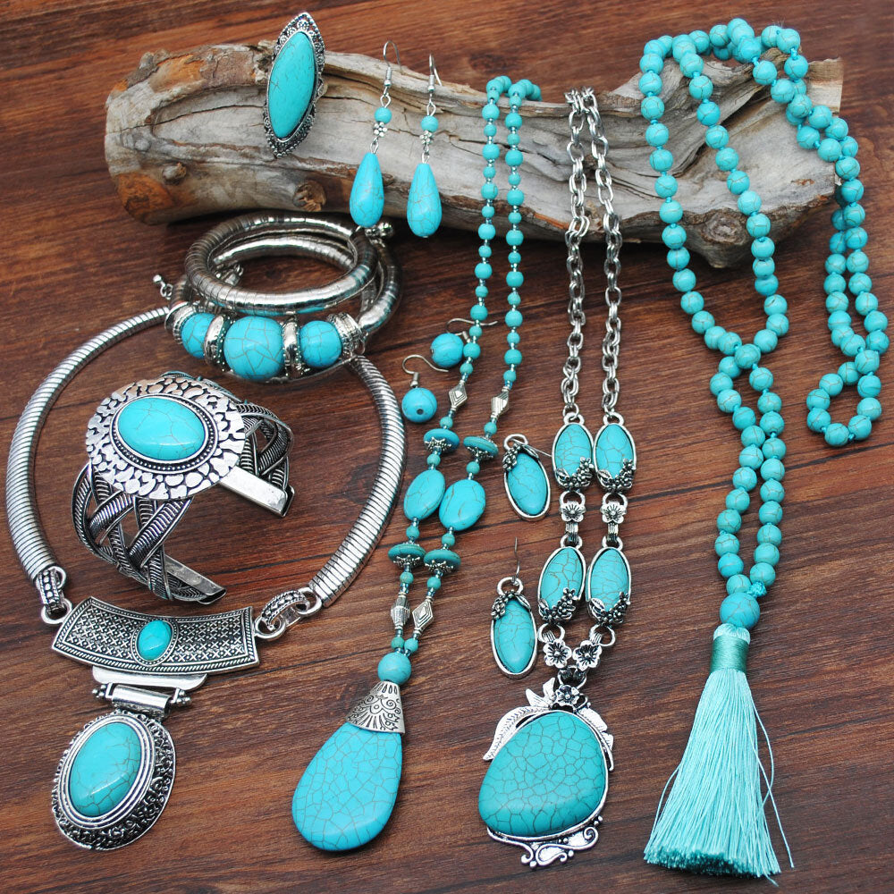 Vintage Turquoise Water Drop Pendant Earrings Ethnic Turquoise Necklace Earring Ring Bracelet Set - #01