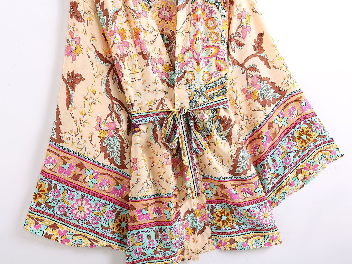 Rayon Cropped Kimono Belt Jacket Loose Bohemian Beach Cardigan