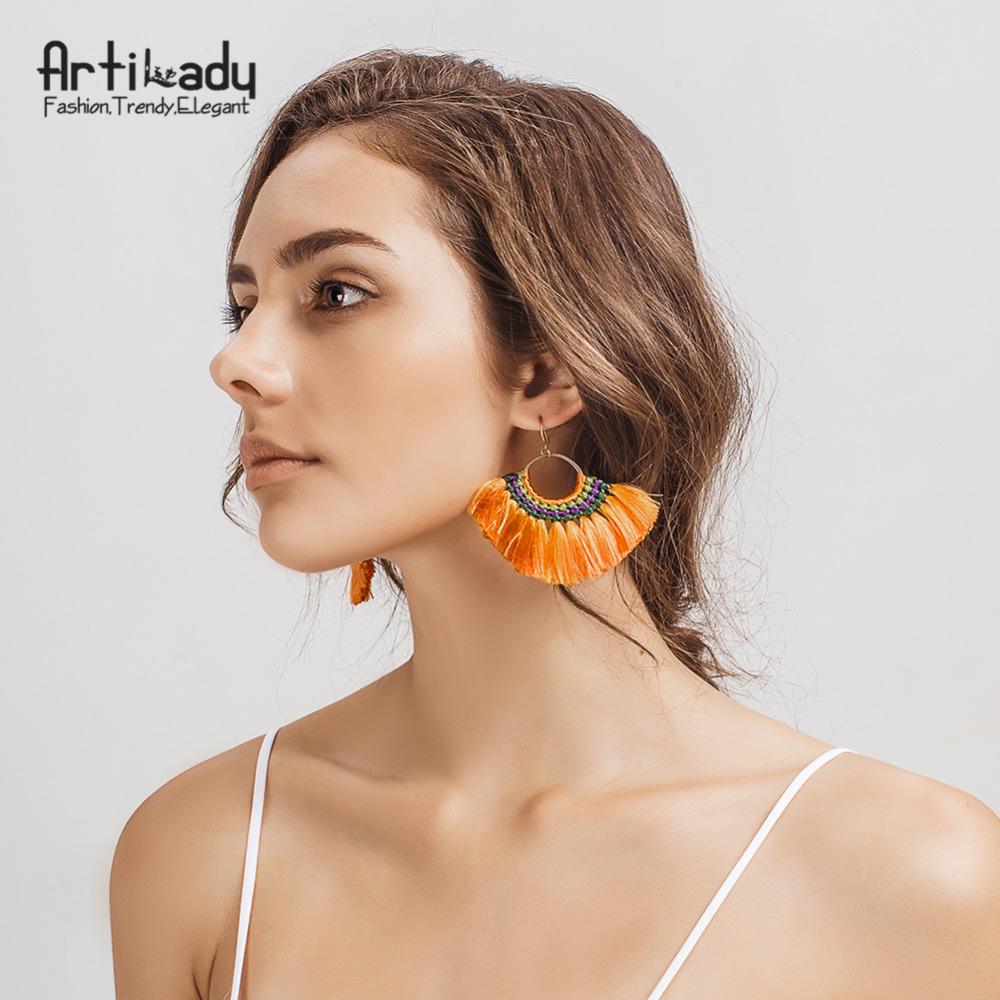 Artilady boho tassel earrings handmade  colorful drop earring