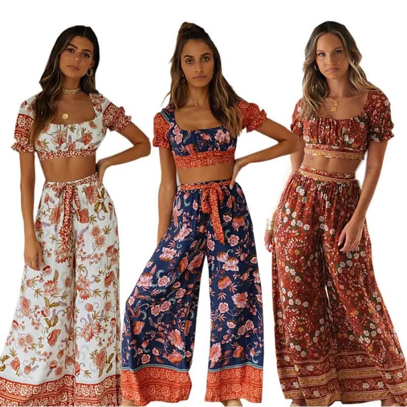 Women's Bohemian Holiday Print Suit Short Top+High Waist Trousers