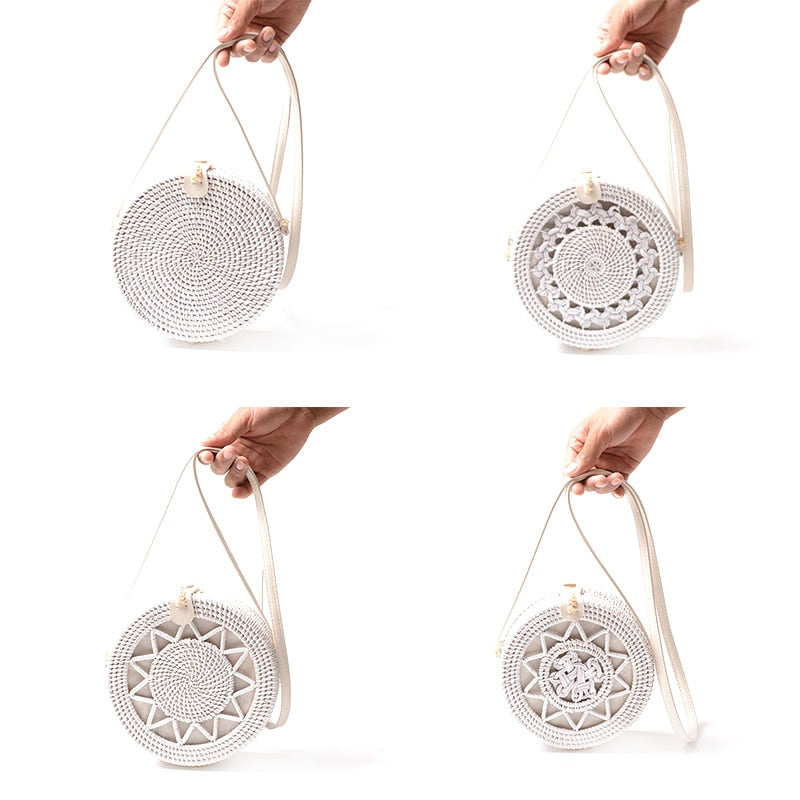 White Round Rattan Bags For Women Boho Beach Crossbody Bag Straw Handmade Woven Circle Shoulder Bag Female Handbags