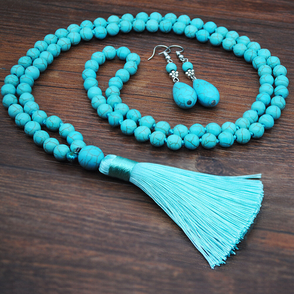 Vintage Turquoise Water Drop Pendant Earrings Ethnic Turquoise Necklace Earring Ring Bracelet Set - #01