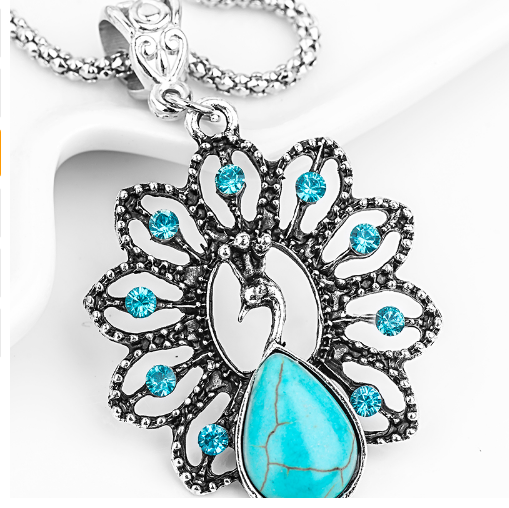 Bohemian retro ethnic style turquoise peacock necklace