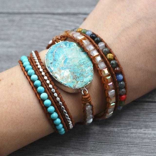 Leather Wrap Beaded Bracelet Huge OceanStone Bracelet, Boho Chic Jewelry, Bohemian Bracelet Valentine's Gift!