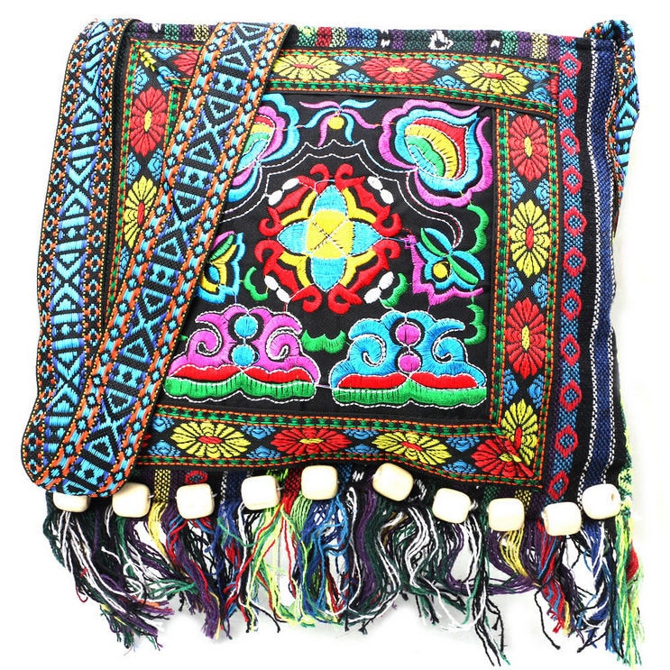 Hmong Vintage Chinese National Style Ethnic Shoulder Bag Embroidery Boho Hippie Tassel Tote Messenger