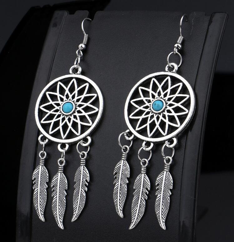 Silver Plated Bohemia Feather Dream Catcher Dreamcatcher Drop Earrings