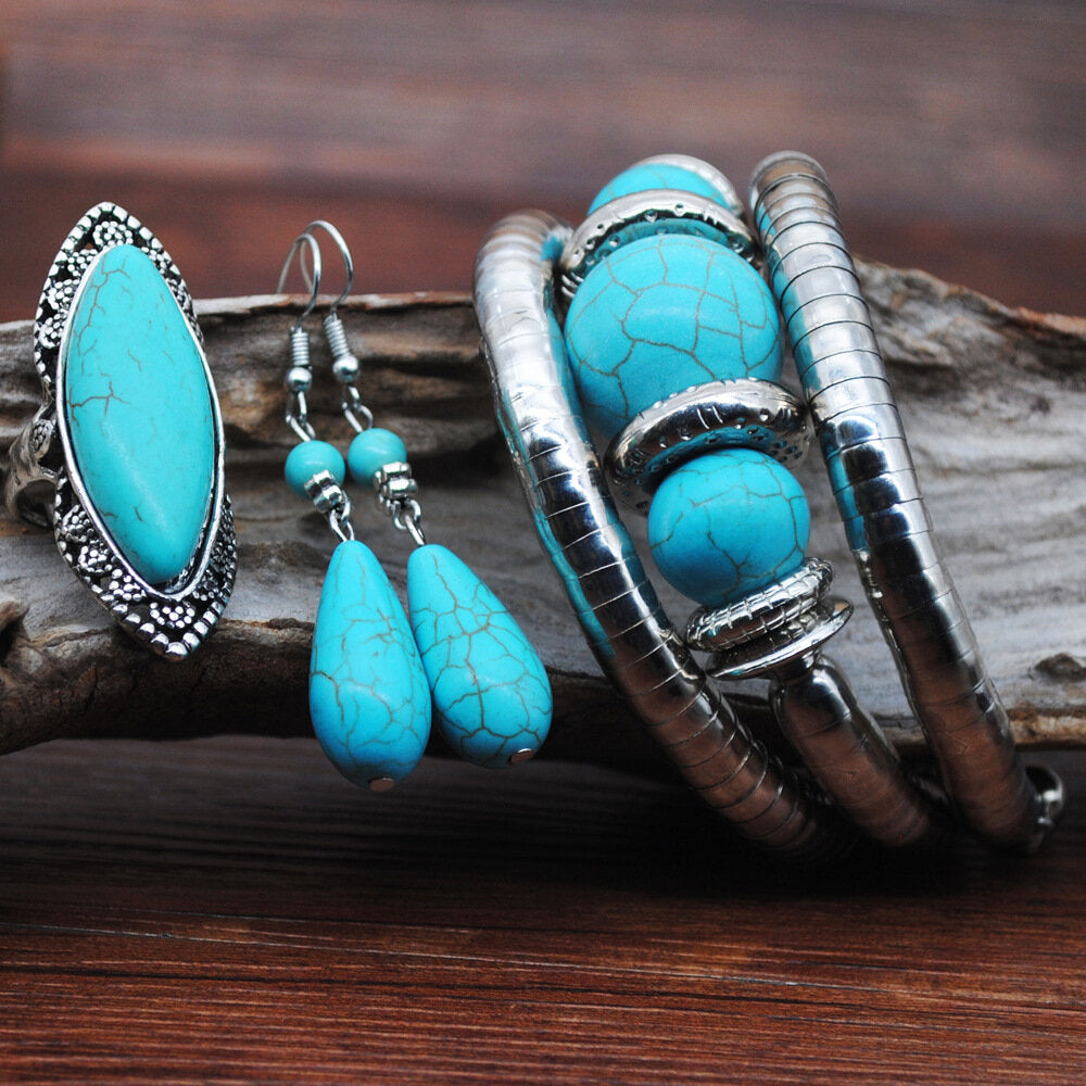 Vintage Turquoise Water Drop Pendant Earrings Ethnic Turquoise Necklace Earring Ring Bracelet Set - #01