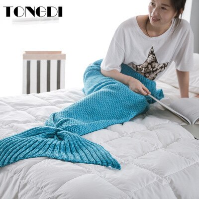 TONGDI Soft Warm Popular Fashionable Mermaid Fish Tail  Knitting Blanket Gift For Girl Princess All Season Handmade Sleeping Bag