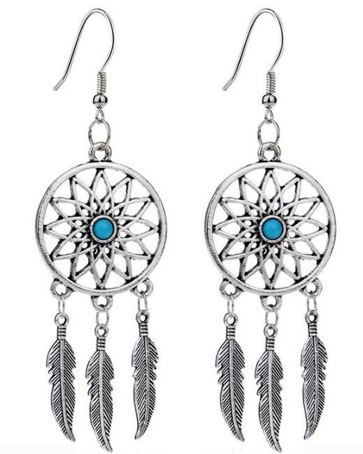 Silver Plated Bohemia Feather Dream Catcher Dreamcatcher Drop Earrings