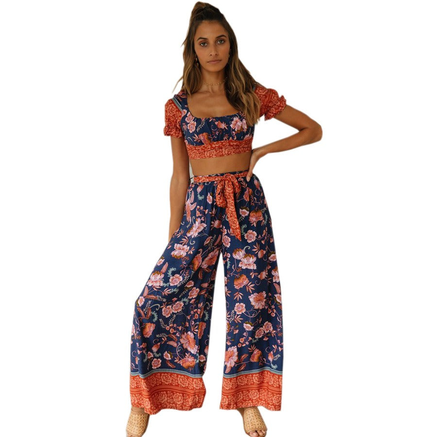 Women's Bohemian Holiday Print Suit Short Top+High Waist Trousers