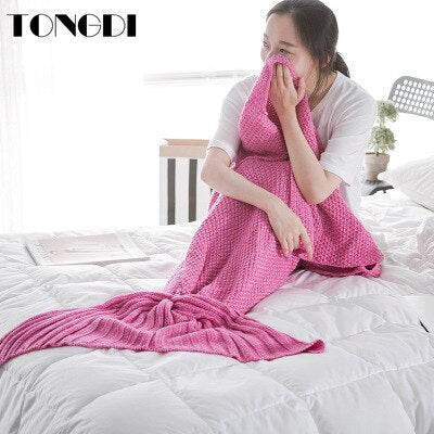 TONGDI Soft Warm Popular Fashionable Mermaid Fish Tail  Knitting Blanket Gift For Girl Princess All Season Handmade Sleeping Bag