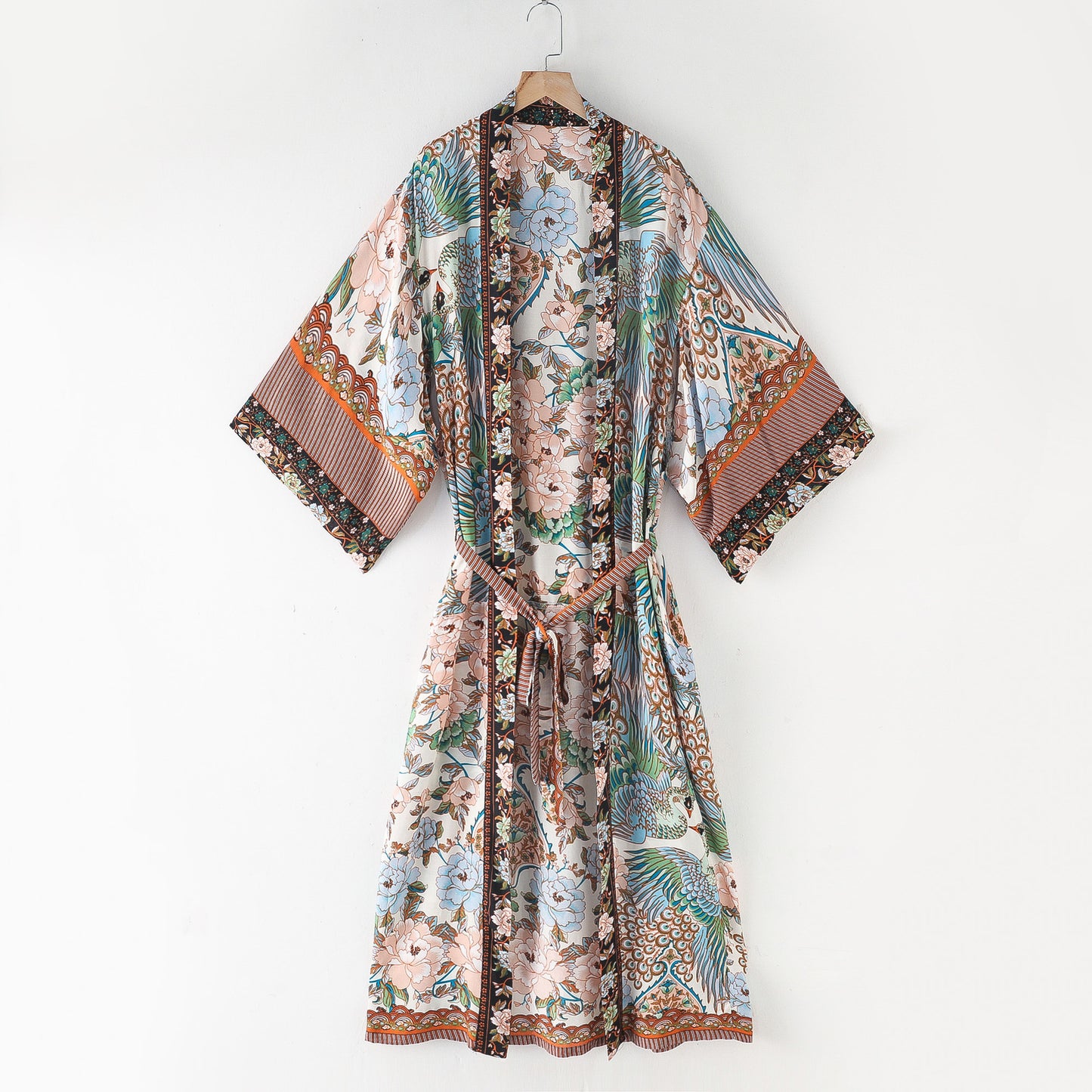 Spring Summer European Beauty Bohemian Printed Crane Kimono Dress Robe