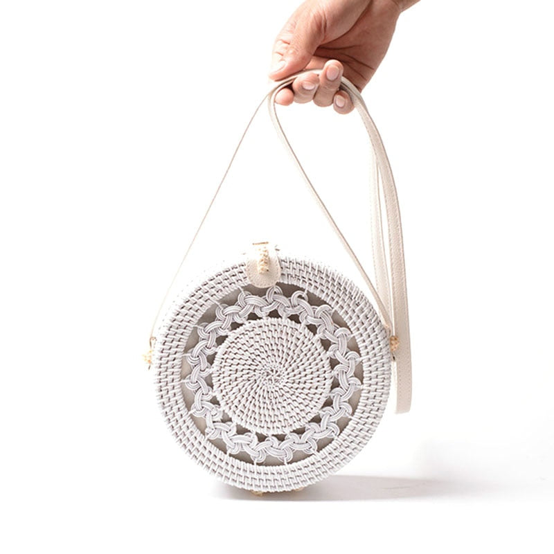 White Round Rattan Bags For Women Boho Beach Crossbody Bag Straw Handmade Woven Circle Shoulder Bag Female Handbags