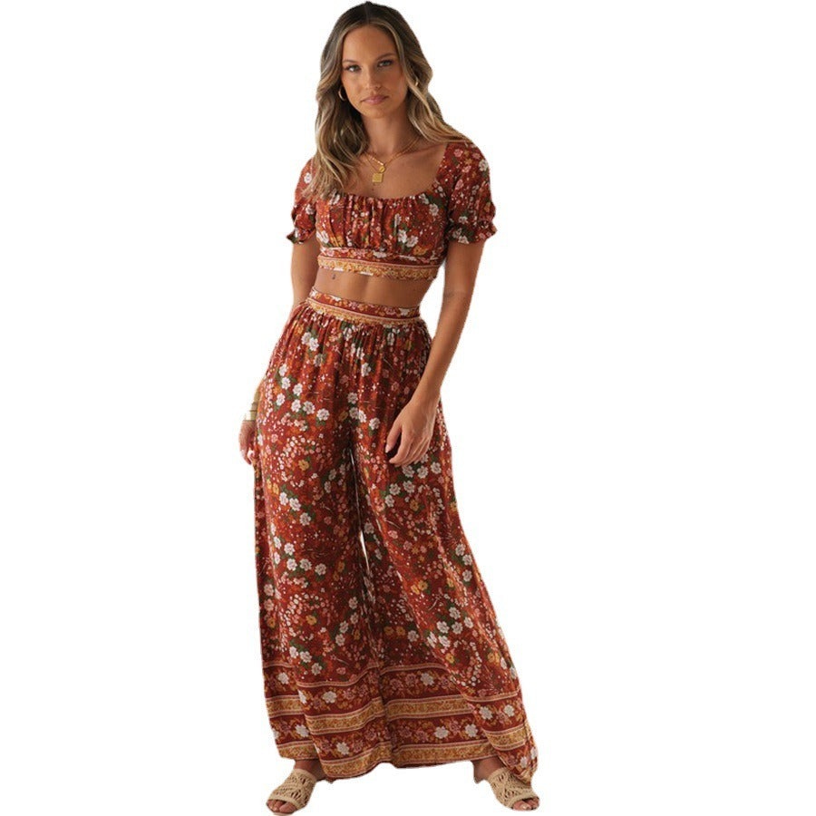 Women's Bohemian Holiday Print Suit Short Top+High Waist Trousers