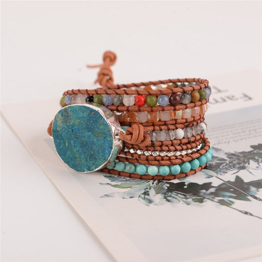 Leather Wrap Beaded Bracelet Huge OceanStone Bracelet, Boho Chic Jewelry, Bohemian Bracelet Valentine's Gift!