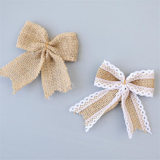 Vintage Natural Jute Burlap Lace Bows Ribbon Wedding Party Decoration Gift Box Packaging DIY Decoration Bowknot