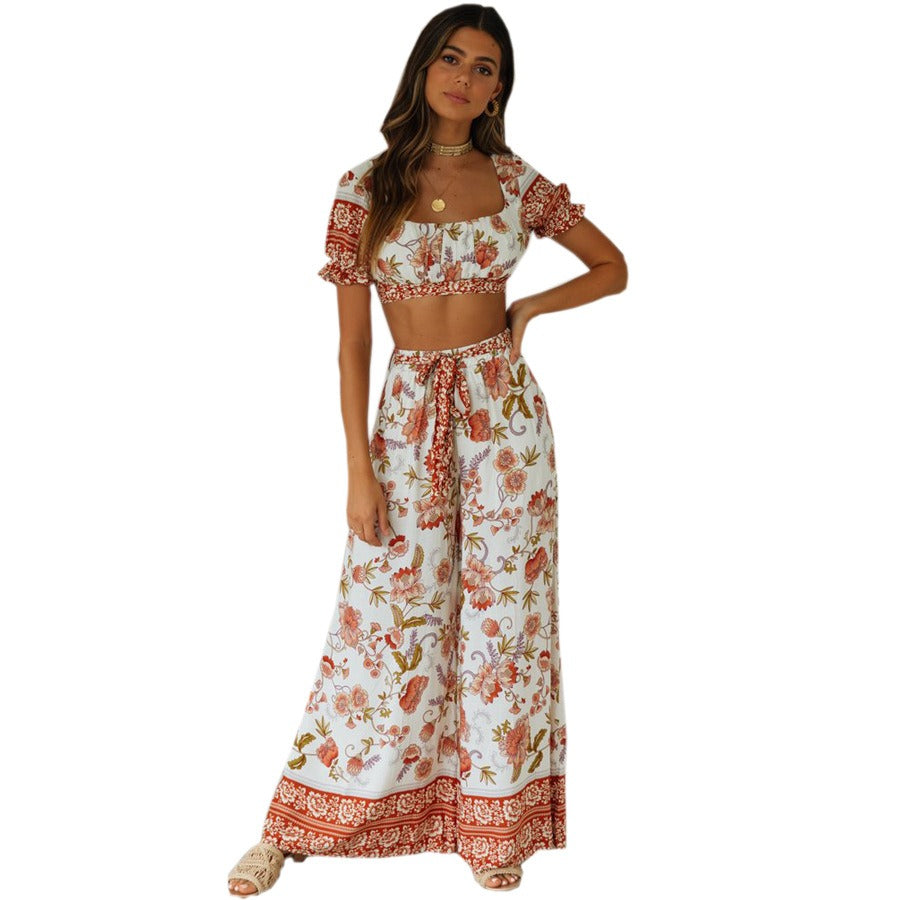 Women's Bohemian Holiday Print Suit Short Top+High Waist Trousers