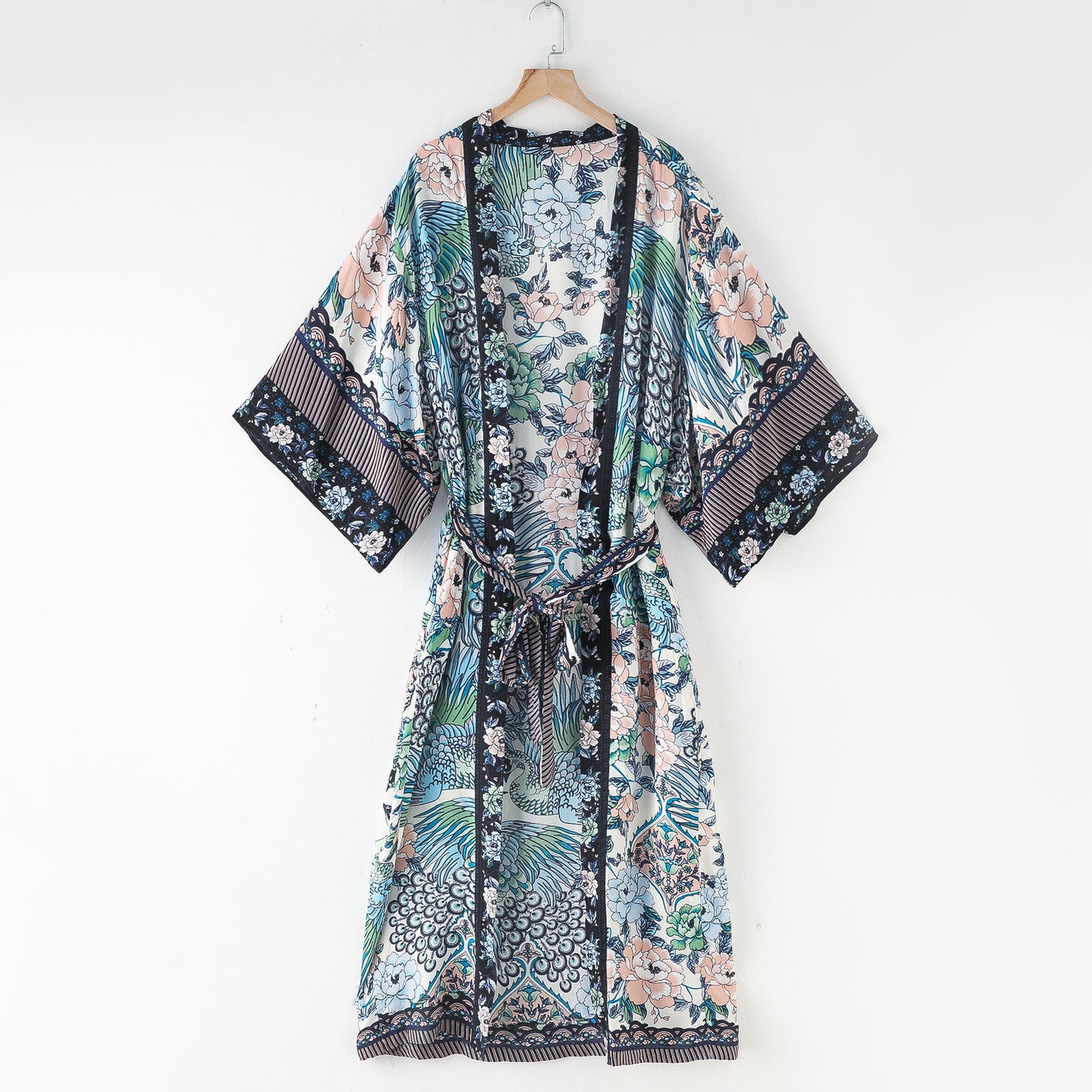 Spring Summer European Beauty Bohemian Printed Crane Kimono Dress Robe