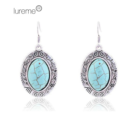 Lureme®Silver Plated Alloy Turquoise Oval Pendant Earrings