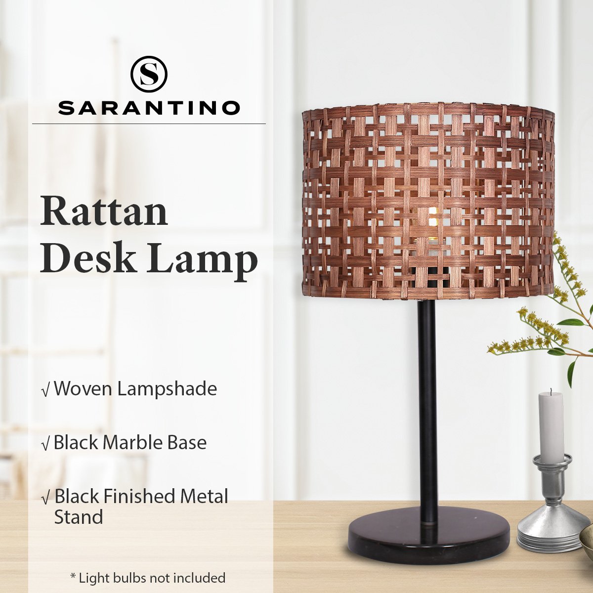 Sarantino Rattan Desk Lamp With Black Marble Base