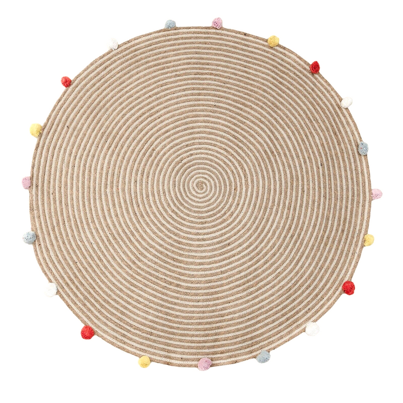 Round Woven Jute Cotton Multicolour Pompom Rug 120 cm