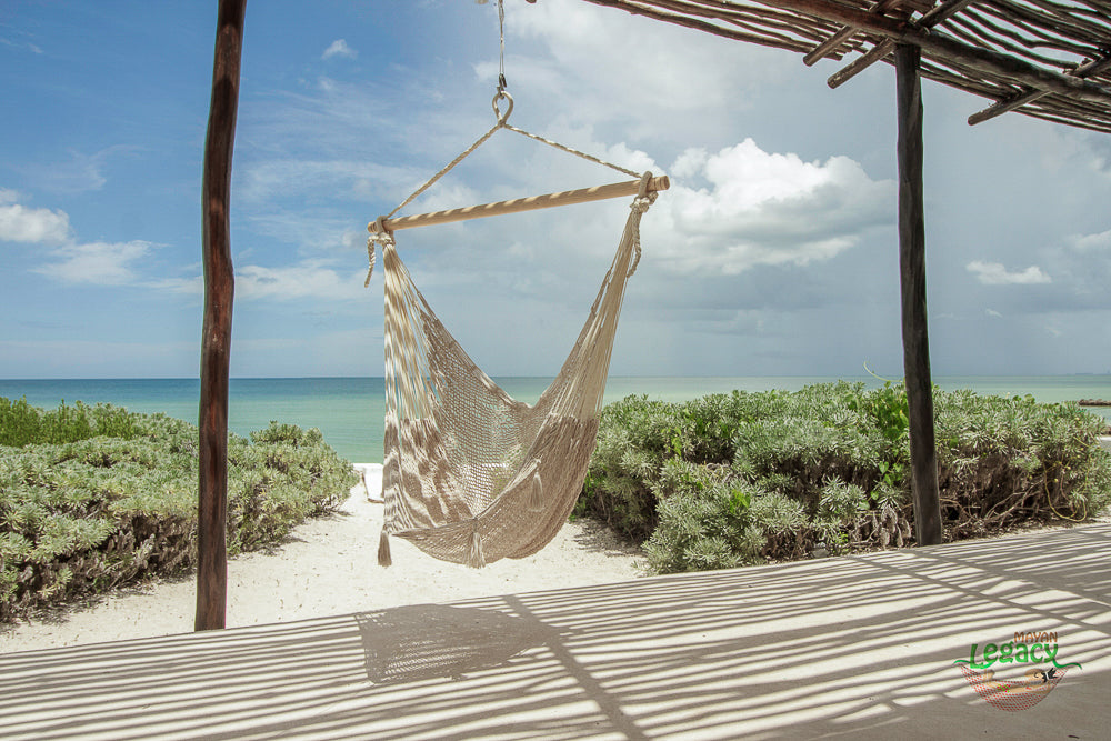 Mayan Legacy Extra Large Outdoor Cotton Mexican Hammock Chair in Cream Colour