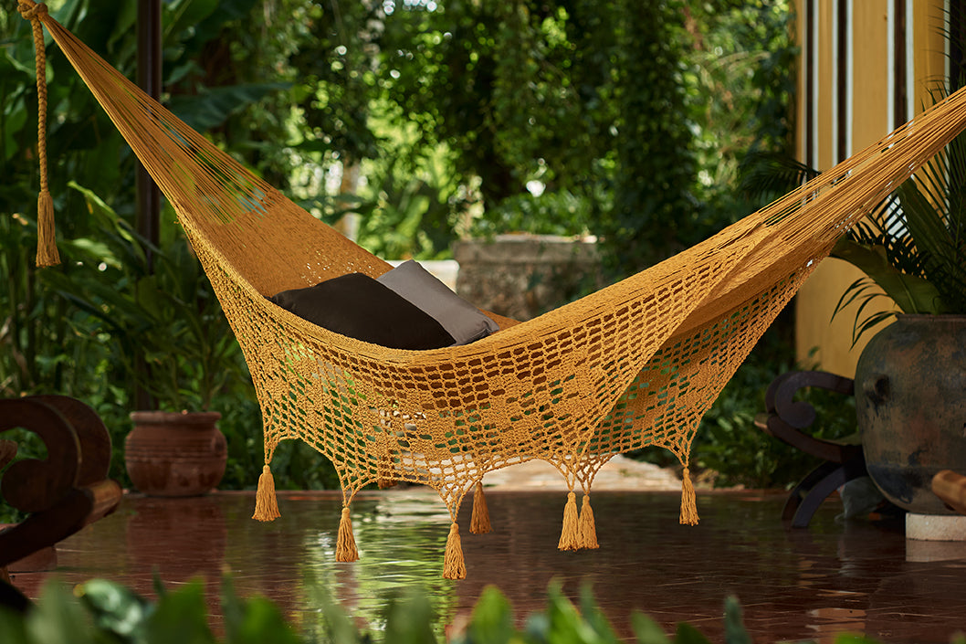 Outdoor undercover cotton Mayan Legacy hammock with hand crocheted tassels King Size Mustard