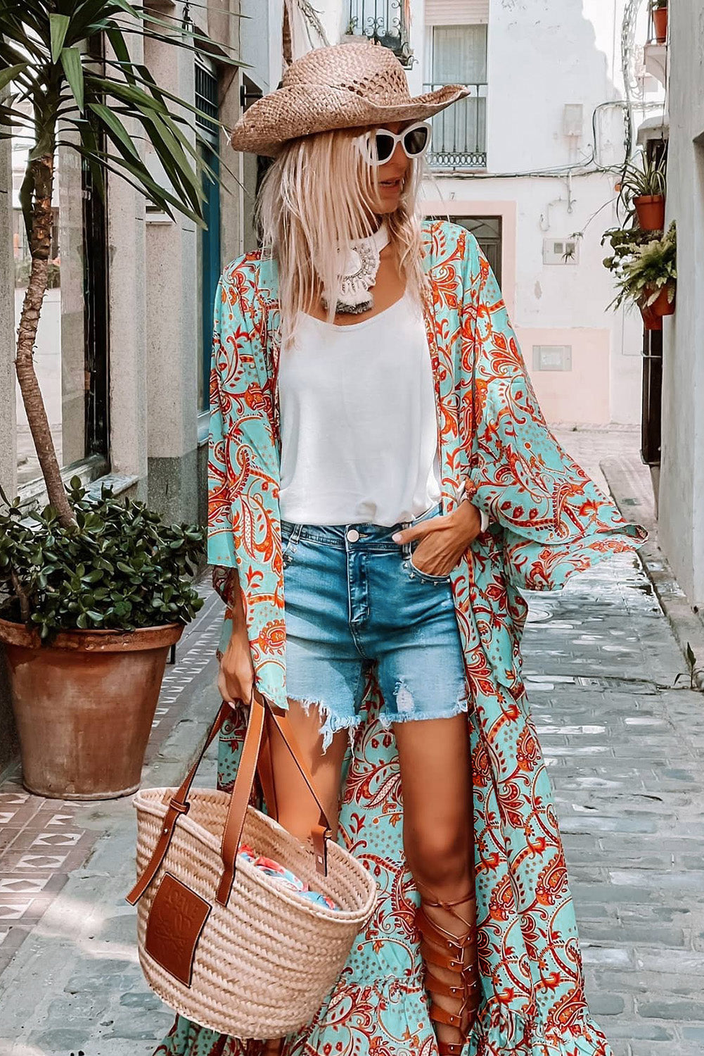 Sky Blue Boho Retro Floral Print Long Sleeve Oversized Kimono