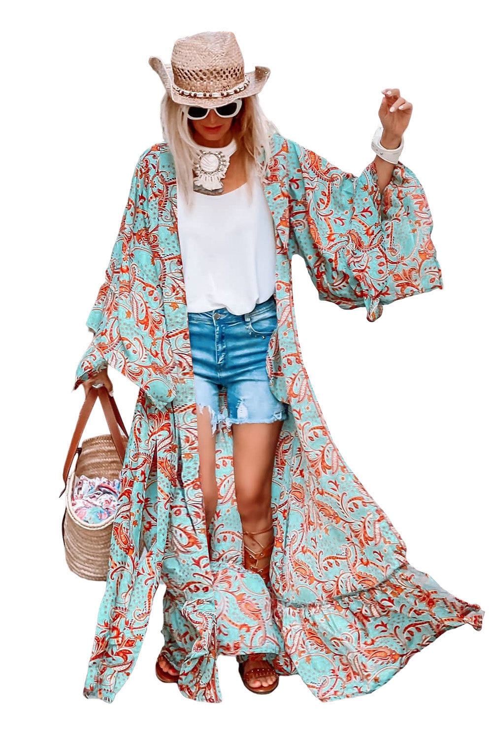 Sky Blue Boho Retro Floral Print Long Sleeve Oversized Kimono