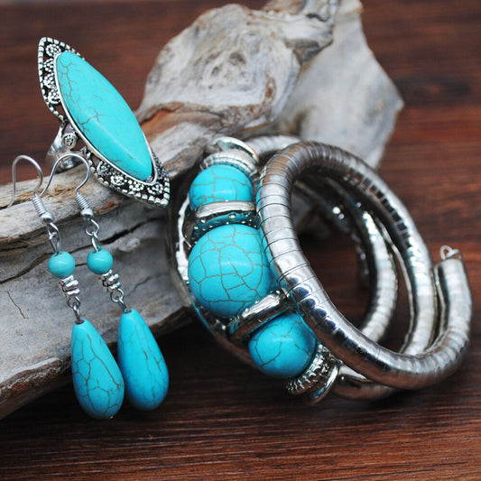 Vintage Turquoise Water Drop Pendant Earrings Ethnic Turquoise Necklace Earring Ring Bracelet Set - #01