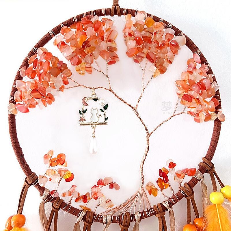 Life of Tree Dream Catcher Handmade Gift with Orange Feather Hook Flower Wind Chime Ornament Wall Hanging Decor Art Boho Style 16x70cm/6.2''x27.5''